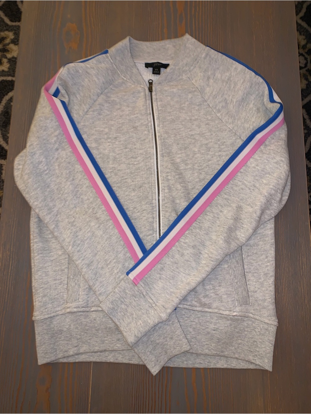 J. Crew Light Gray Zip-Up Sweater with Blue and Pink Stripe